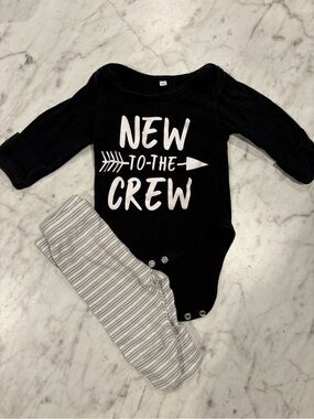 Black "New to the Crew" Long-Sleeve Baby One-Piece and Carter’s Striped Pants 3m